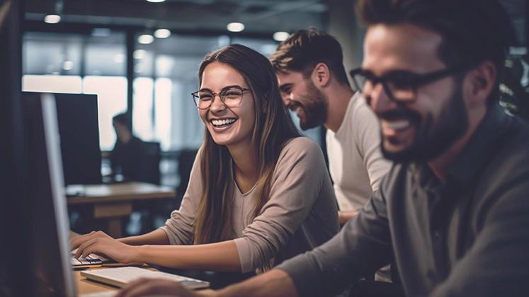 Motiviertes Team arbeitet gemeinsam in einem modernen, freundlichen Büro.